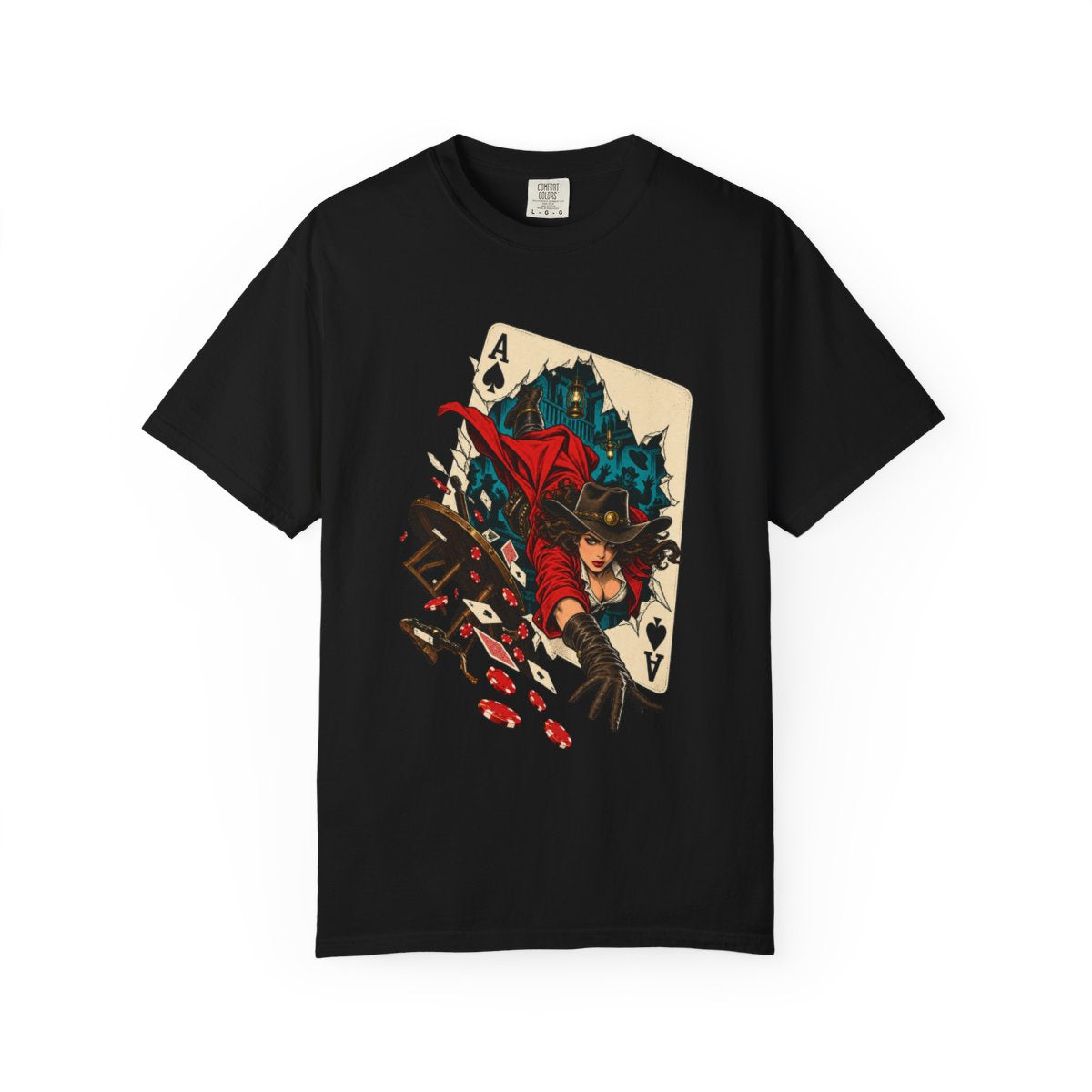 Ace Escape Tee large front print on a Black Comfort Colors 1717 tee