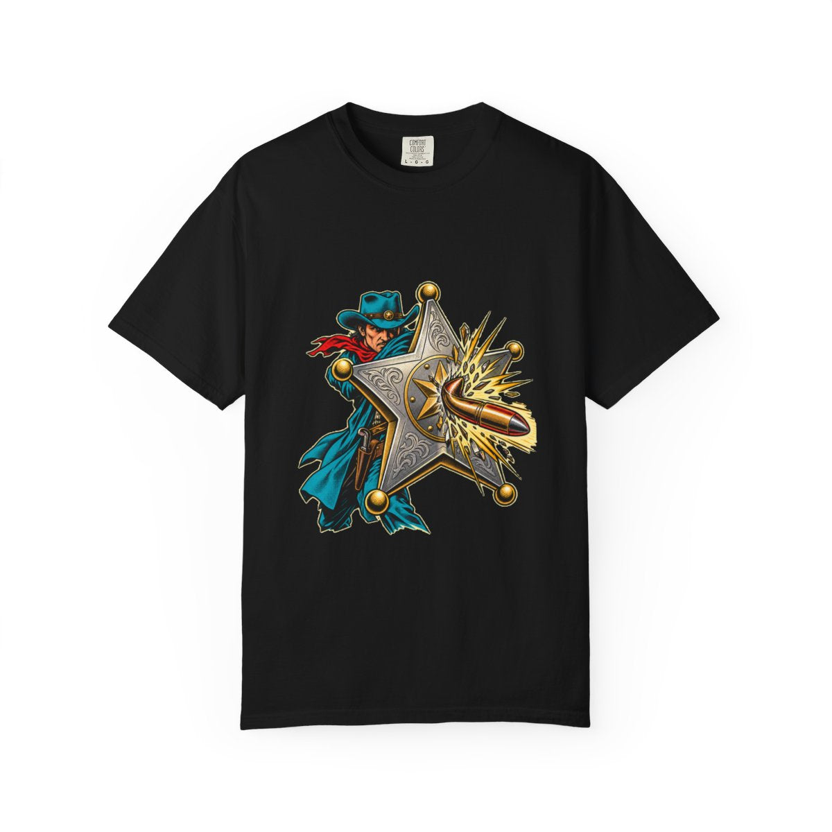 Bulletproof Badge Tee large front print on a Black Comfort Colors 1717 tee