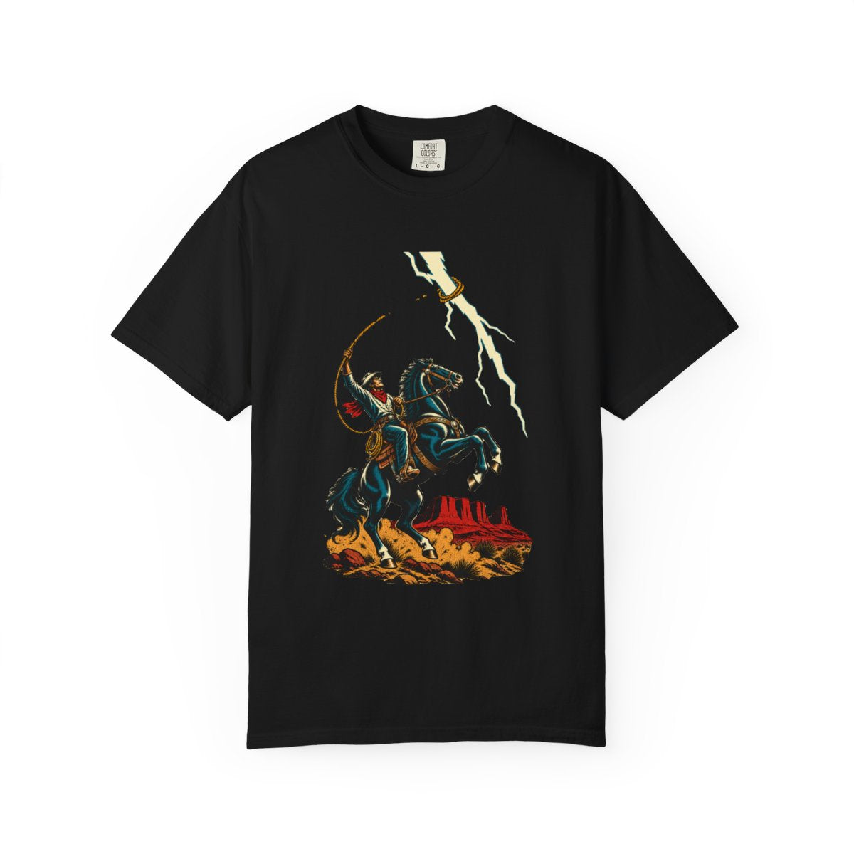 Lasso Lightning Tee large front print on a Black Comfort Colors 1717 tee