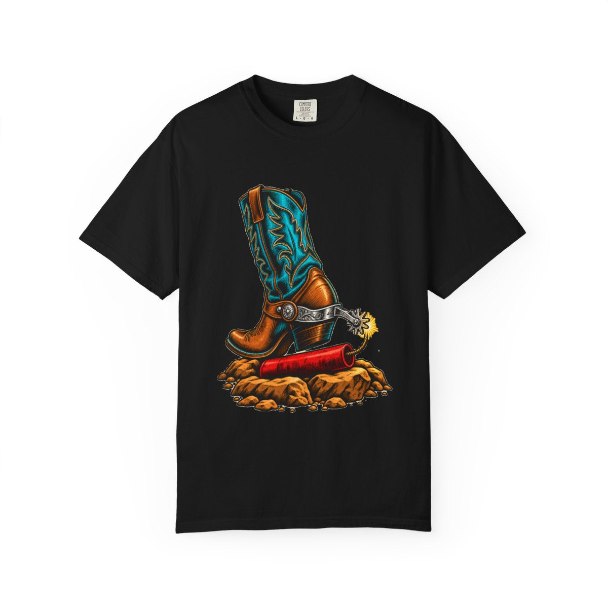 Spur Strike Tee large front print on a Black Comfort Colors 1717 tee