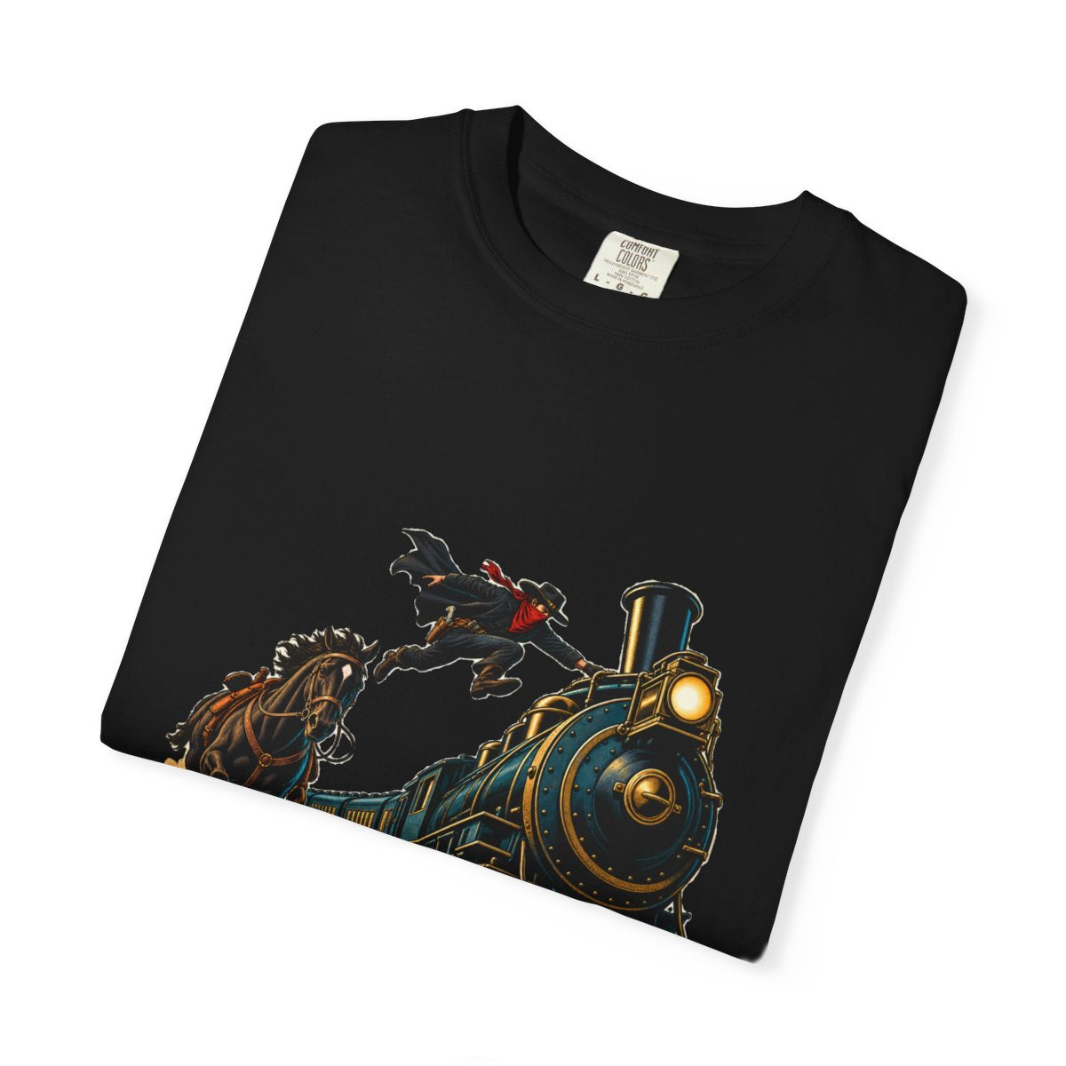Train Heist Tee folded front print detail