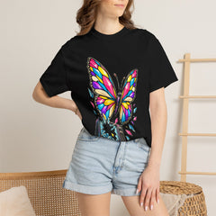 Butterfly Broadcast Tee worn Printify context view on a Black Comfort Colors 1717 tee