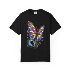 Butterfly Broadcast Tee large front print on a Black Comfort Colors 1717 tee