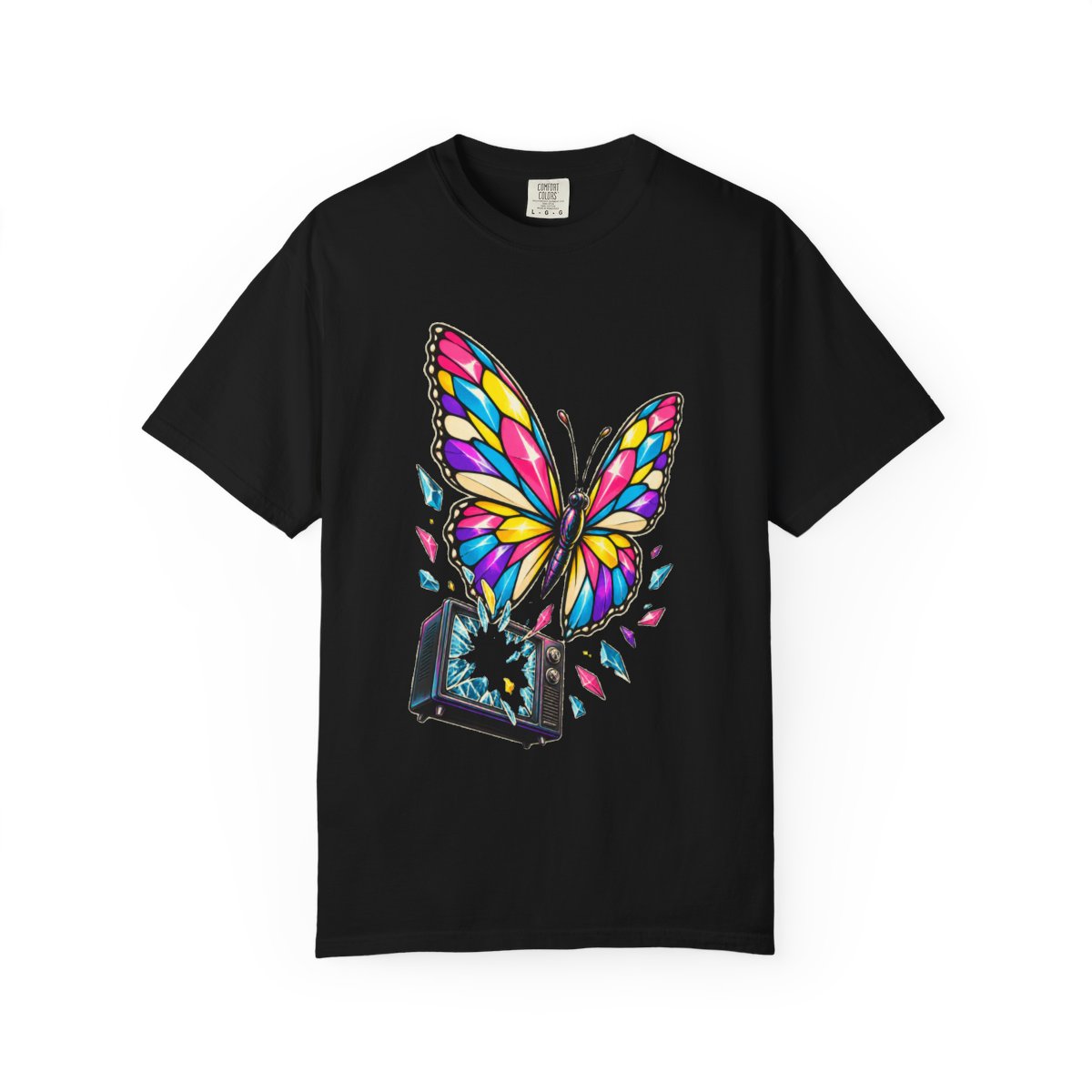Butterfly Broadcast Tee large front print on a Black Comfort Colors 1717 tee