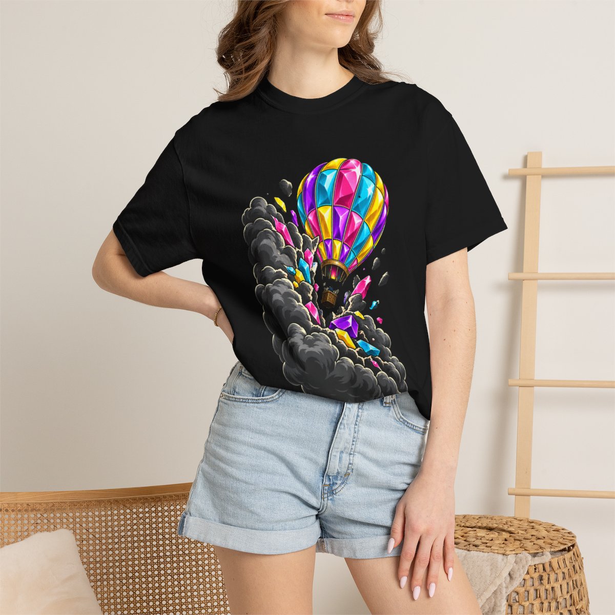 Cloud Crash Tee worn Printify context view on a Black Comfort Colors 1717 tee