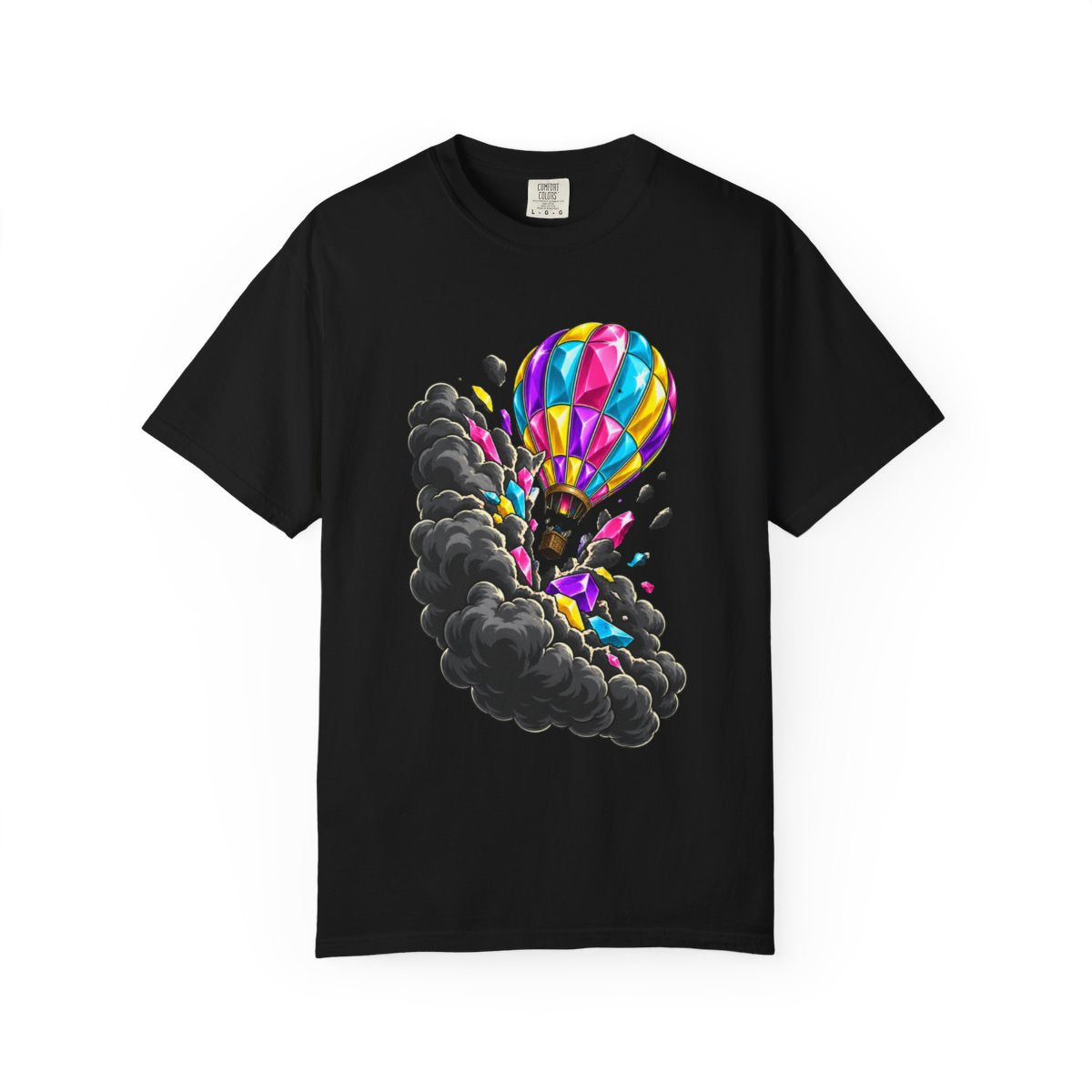 Cloud Crash Tee large front print on a Black Comfort Colors 1717 tee