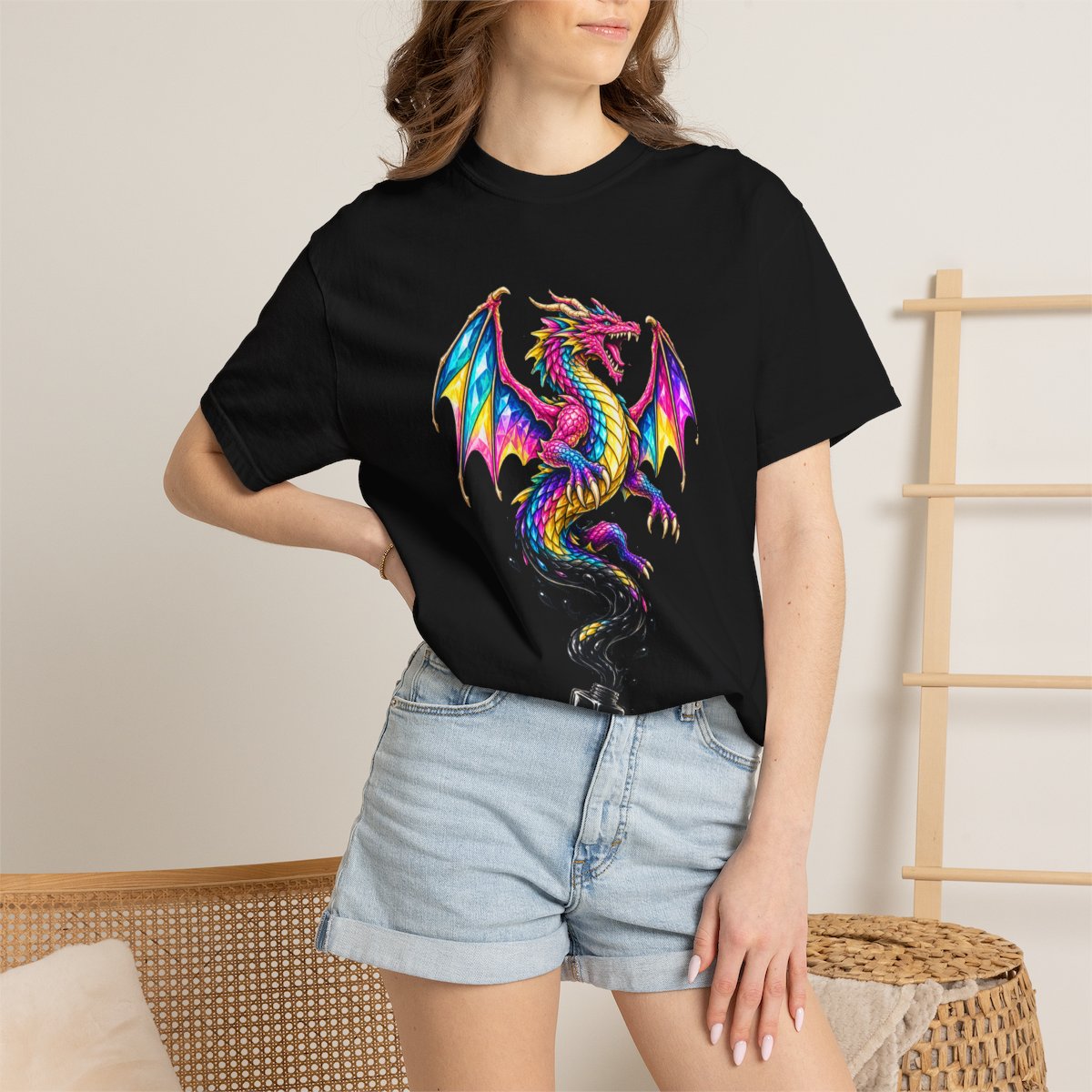 Dragon From Ink Tee worn Printify context view on a Black Comfort Colors 1717 tee