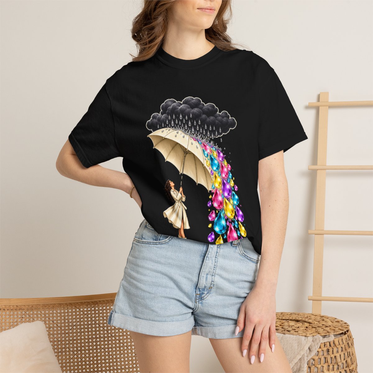 Rain in Color Tee worn Printify context view on a Black Comfort Colors 1717 tee
