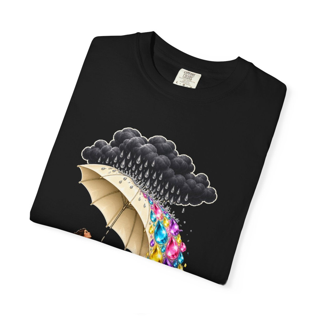 Rain in Color Tee folded front print detail