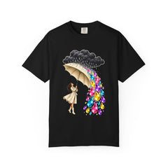 Rain in Color Tee large front print on a Black Comfort Colors 1717 tee