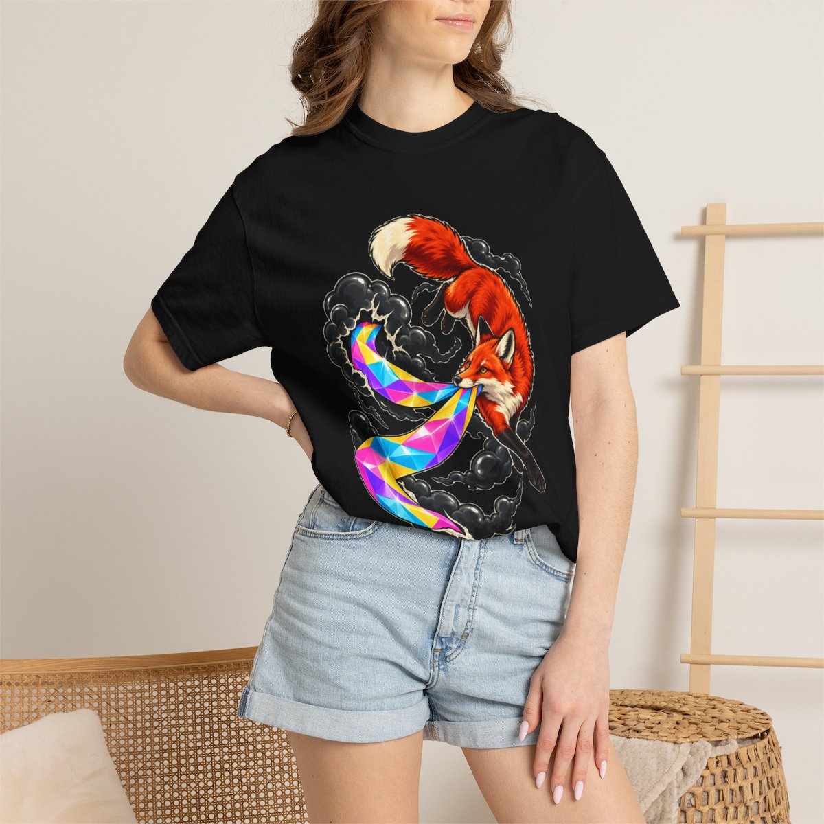 The Rainbow Fox Tee worn Printify context view on a Black Comfort Colors 1717 tee
