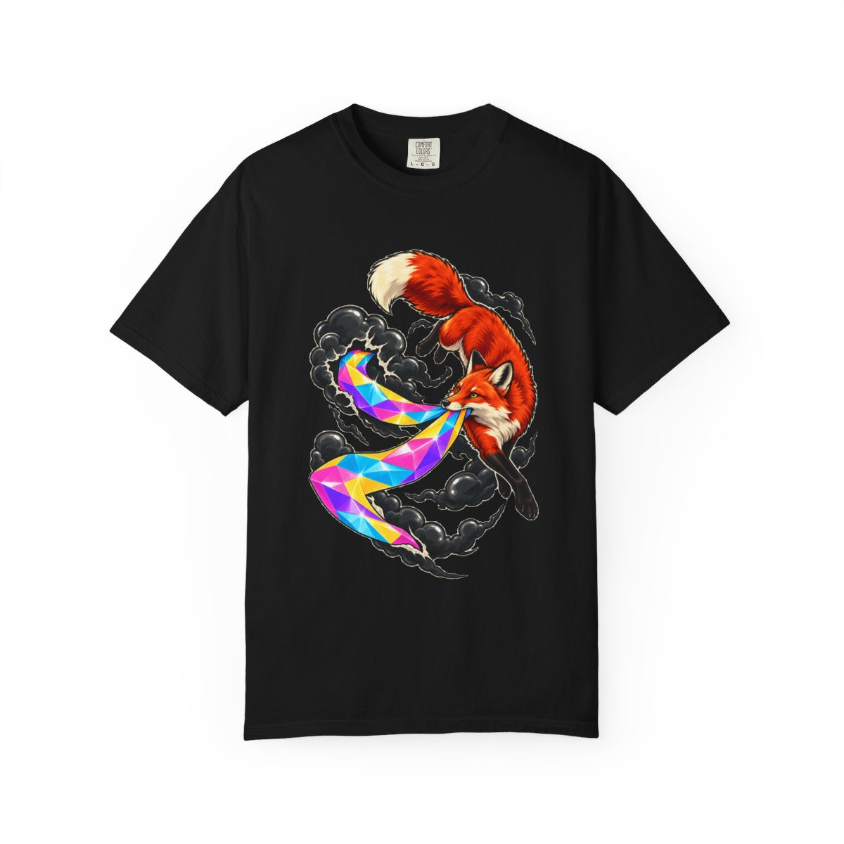 The Rainbow Fox Tee large front print on a Black Comfort Colors 1717 tee