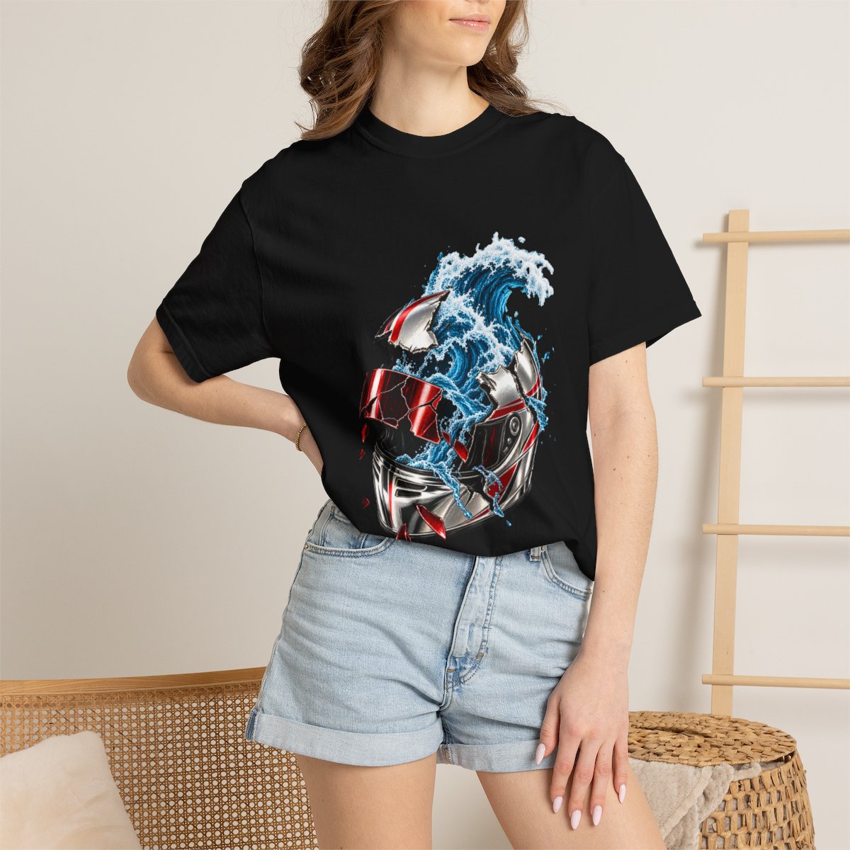 Helmet Flood Tee worn Printify context view on a Black Comfort Colors 1717 tee