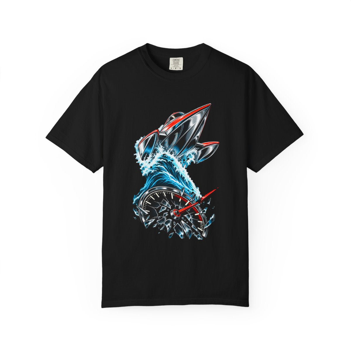 Hydroplane Leap Tee large front print on a Black Comfort Colors 1717 tee