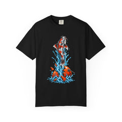 Koi Breakaway Tee large front print on a Black Comfort Colors 1717 tee