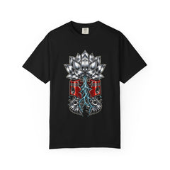 Piston Lotus Tee large front print on a Black Comfort Colors 1717 tee