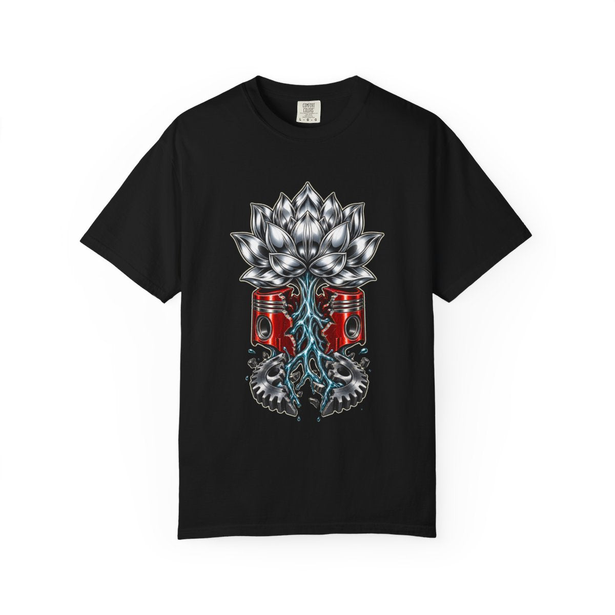 Piston Lotus Tee large front print on a Black Comfort Colors 1717 tee