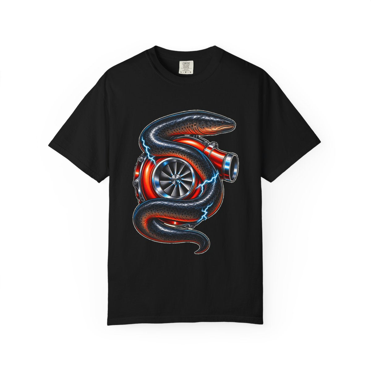 Turbine Eel Tee large front print on a Black Comfort Colors 1717 tee