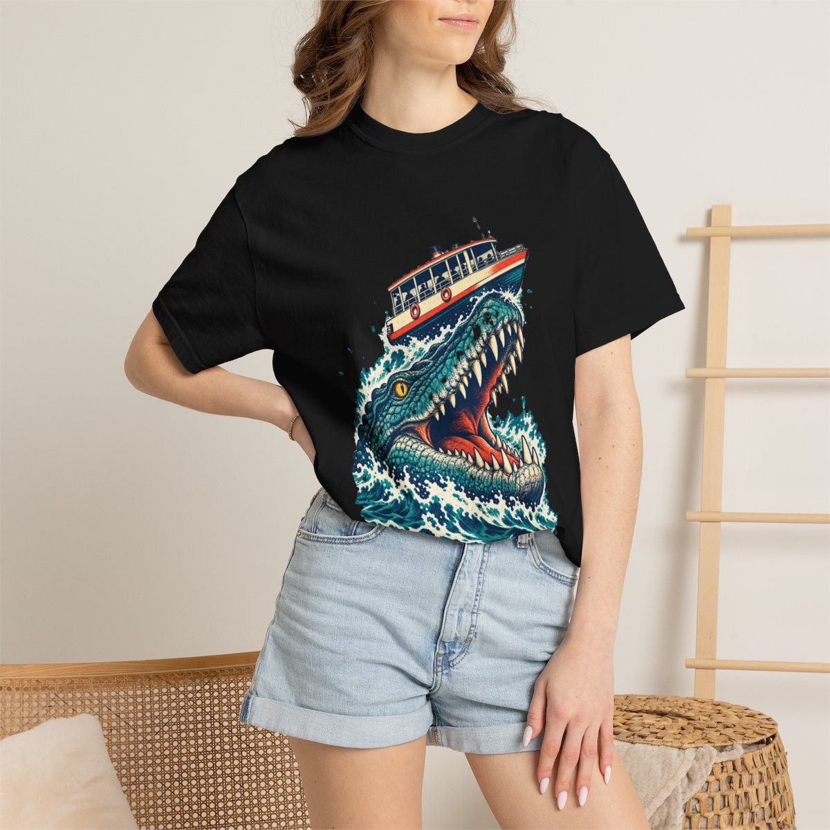 Crocodile Ferry Tee worn Printify context view on a Black Comfort Colors 1717 tee