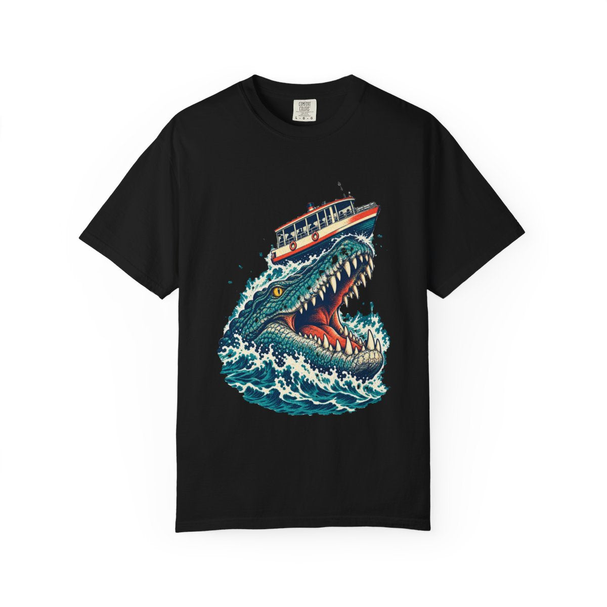 Crocodile Ferry Tee large front print on a Black Comfort Colors 1717 tee