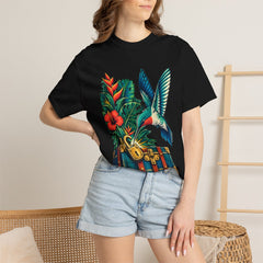 Hummingbird Break-In Tee worn Printify context view on a Black Comfort Colors 1717 tee
