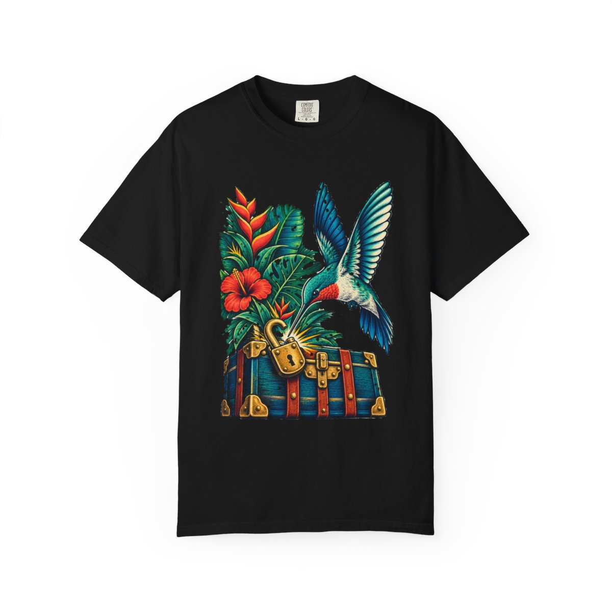 Hummingbird Break-In Tee large front print on a Black Comfort Colors 1717 tee