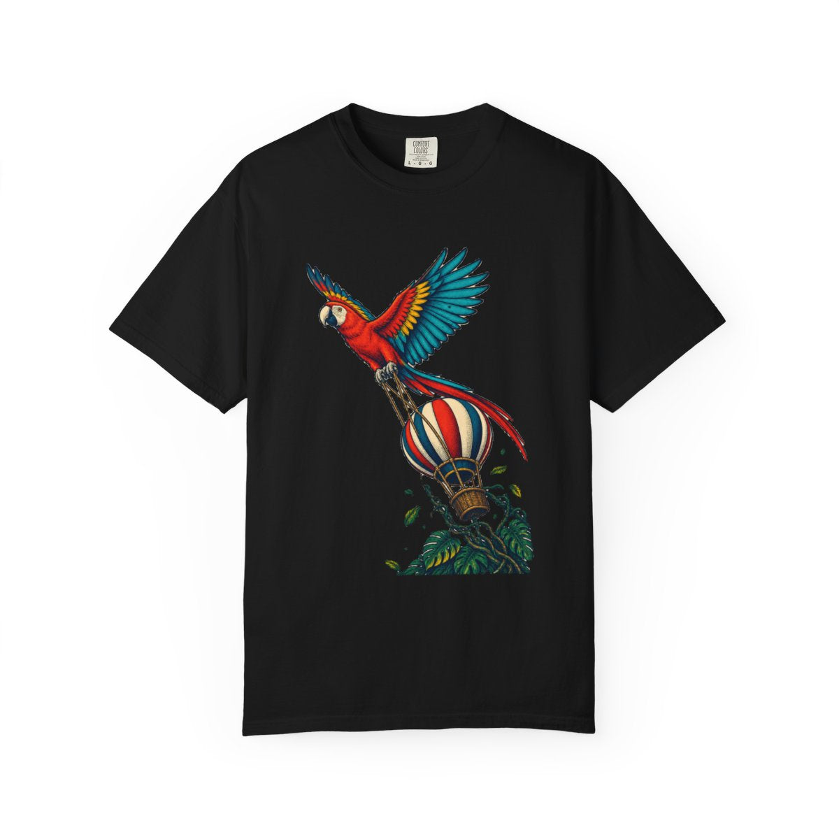 Macaw Lift Tee large front print on a Black Comfort Colors 1717 tee