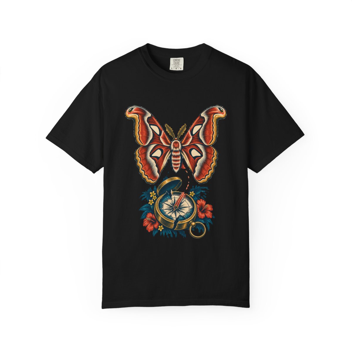Moth Departure Tee large front print on a Black Comfort Colors 1717 tee