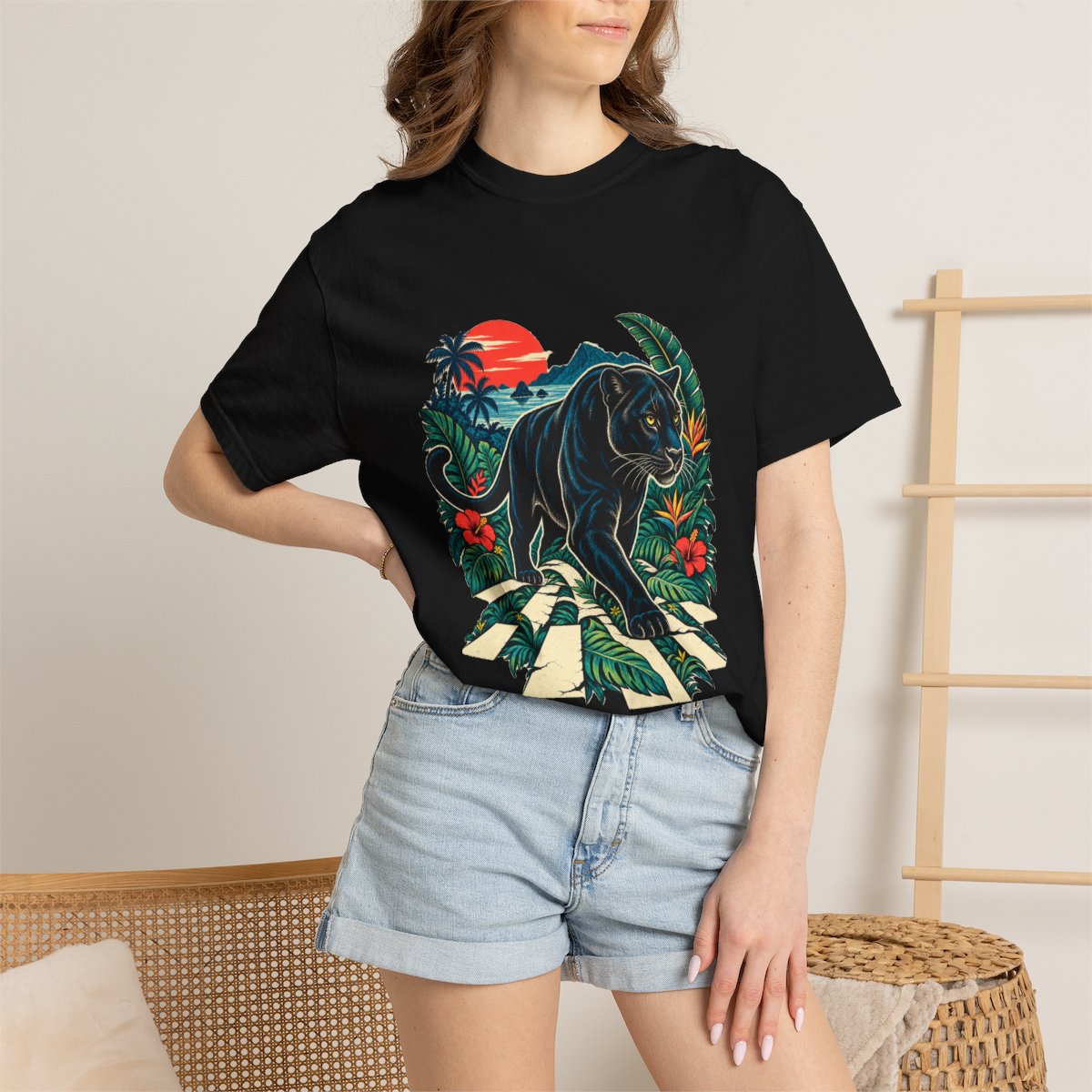 Panther Crossing Tee worn Printify context view on a Black Comfort Colors 1717 tee
