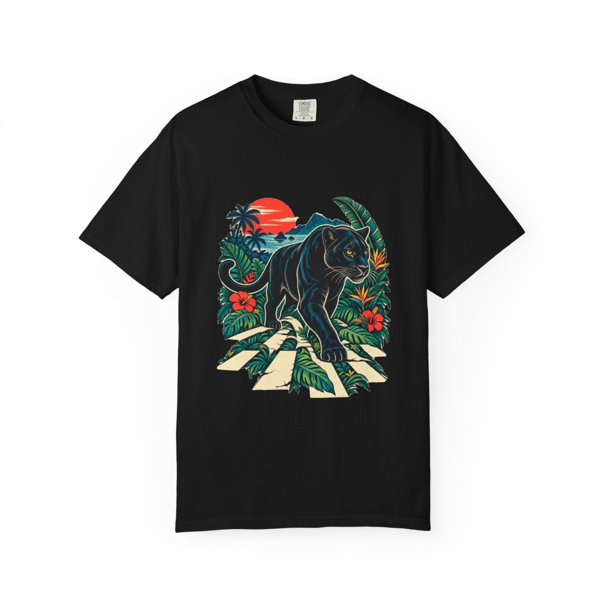 Panther Crossing Tee large front print on a Black Comfort Colors 1717 tee
