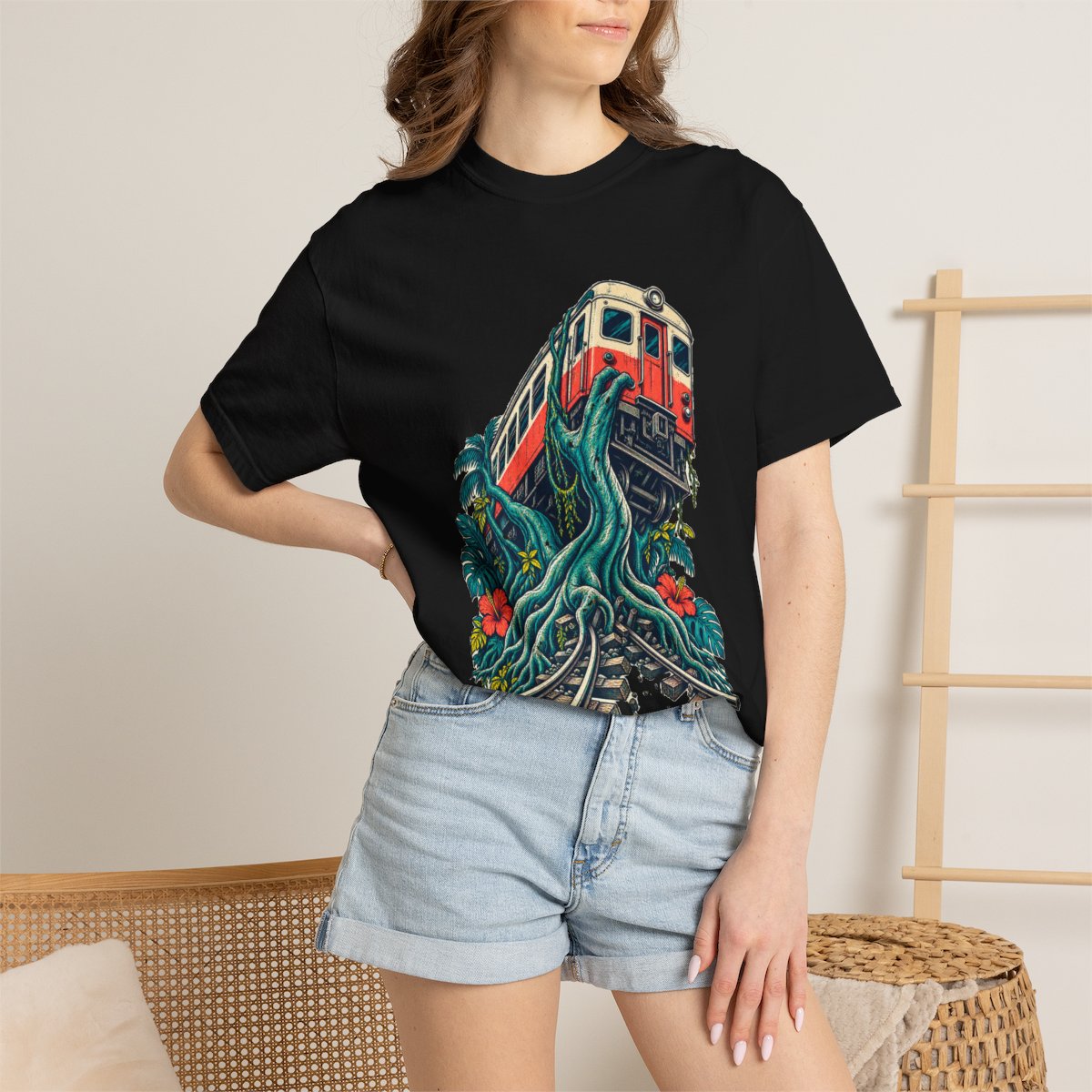 Railcar Roots Tee worn Printify context view on a Black Comfort Colors 1717 tee