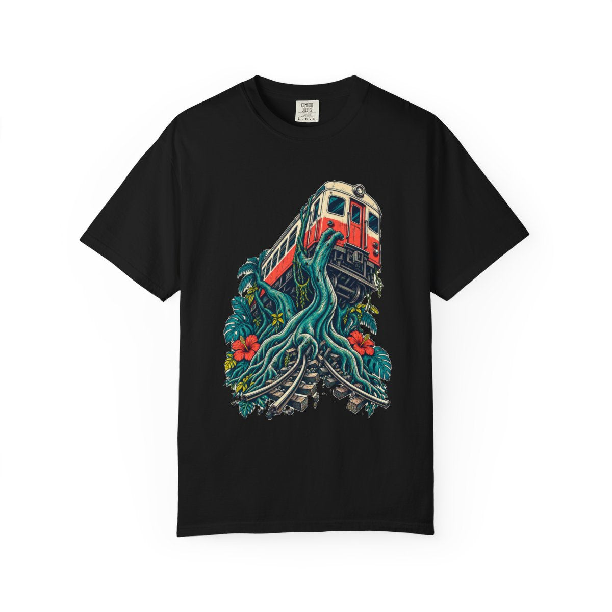 Railcar Roots Tee large front print on a Black Comfort Colors 1717 tee