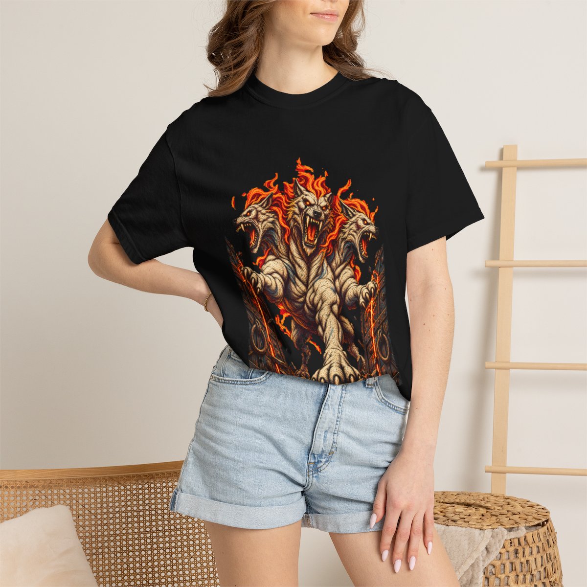 Cerberus Gate Tee worn Printify context view on a Black Comfort Colors 1717 tee