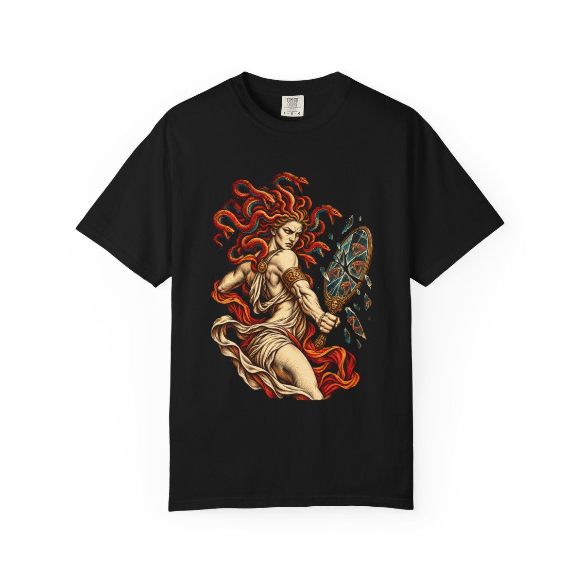 Gorgon Mirror Tee large front print on a Black Comfort Colors 1717 tee