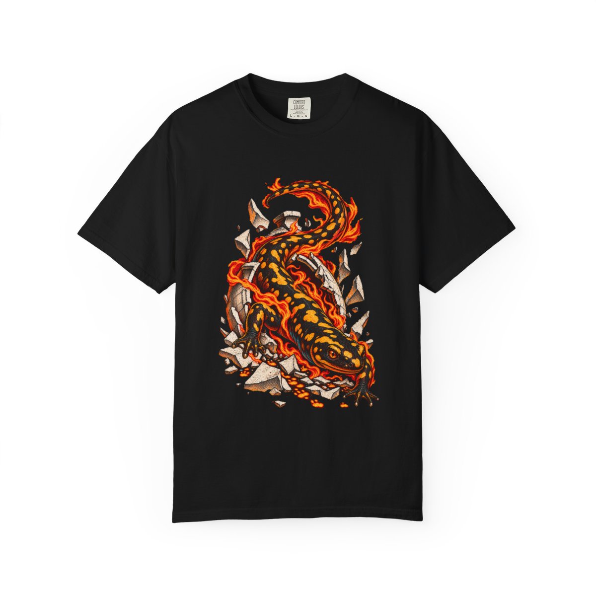 Kiln Salamander Tee large front print on a Black Comfort Colors 1717 tee