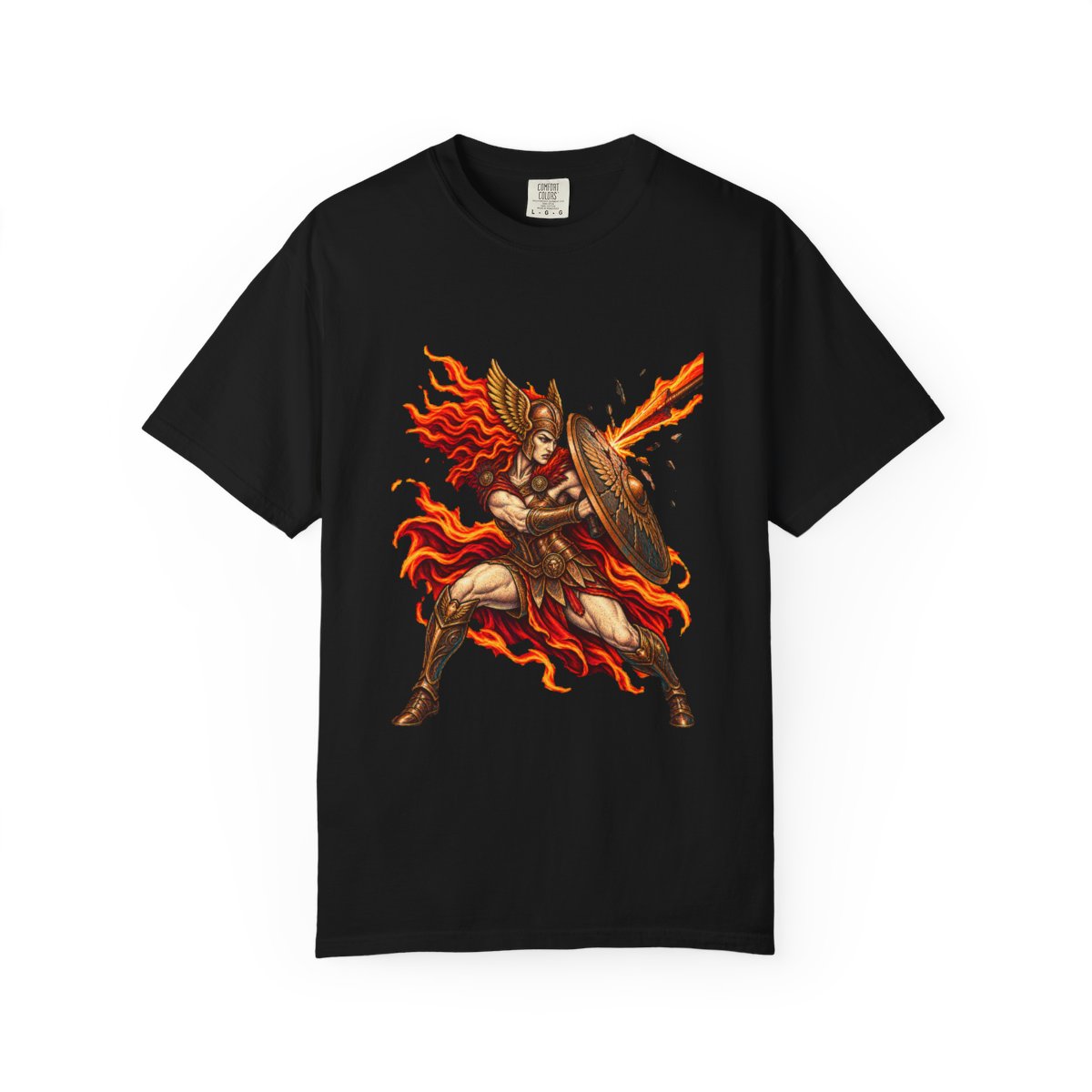 Valkyrie Shield Tee large front print on a Black Comfort Colors 1717 tee