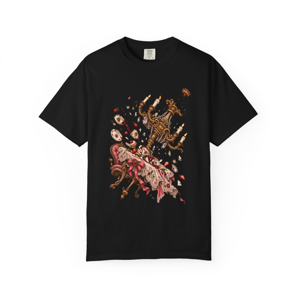 Chandelier Crash Tee large front print on a Black Comfort Colors 1717 tee