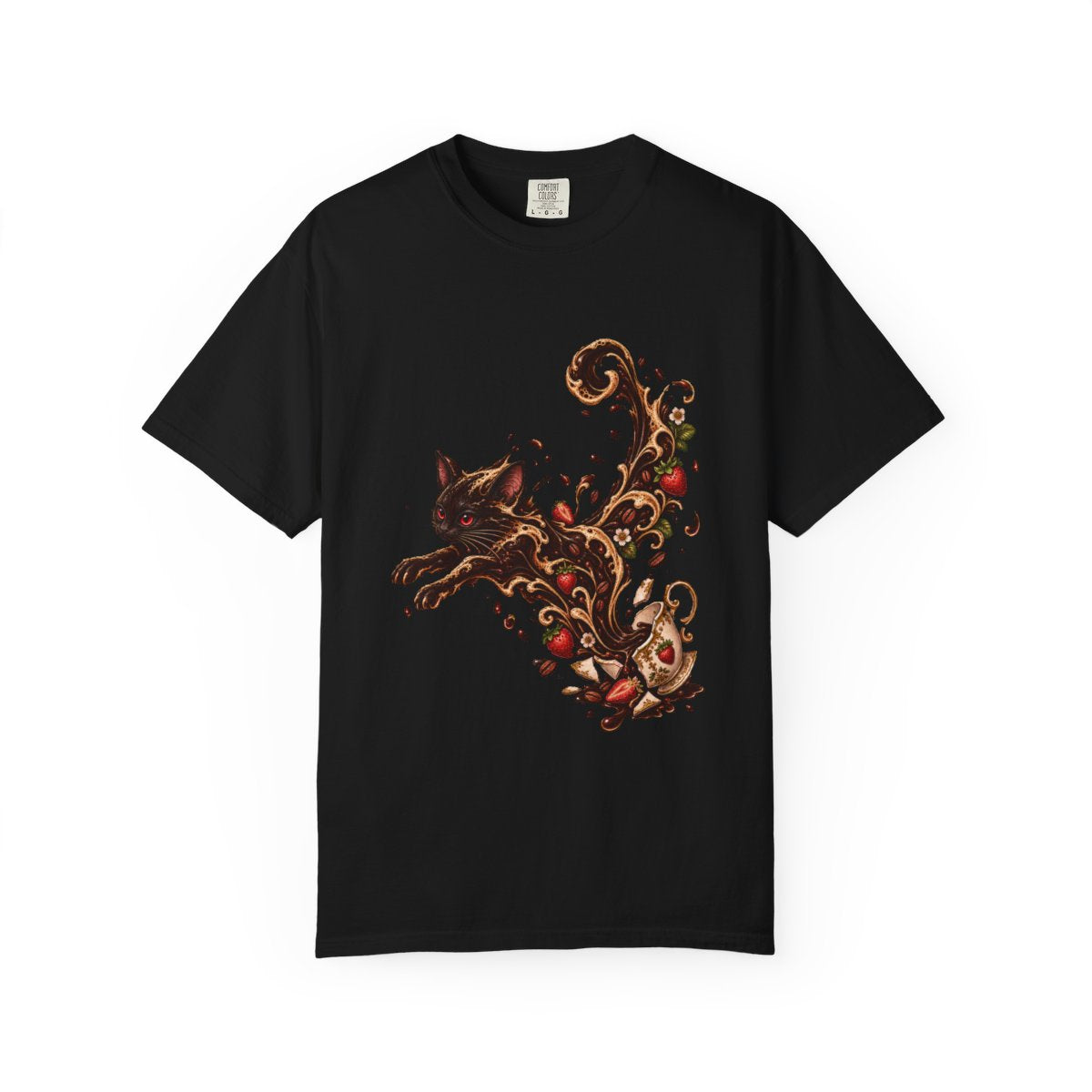 Coffee Cat Tee large front print on a Black Comfort Colors 1717 tee