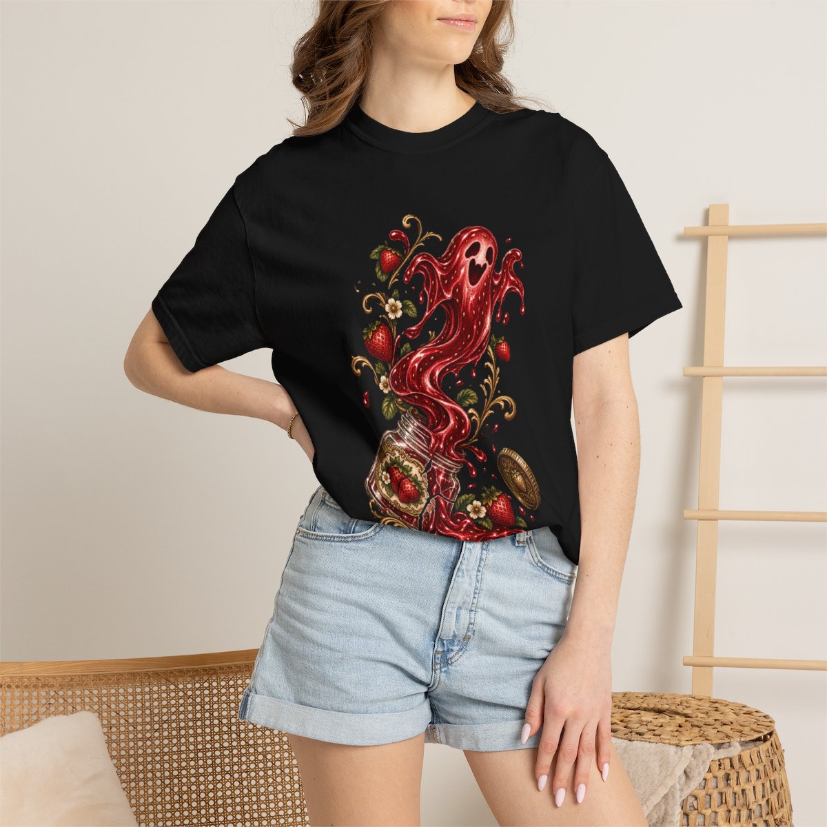 Jam Ghost Tee worn Printify context view on a Black Comfort Colors 1717 tee