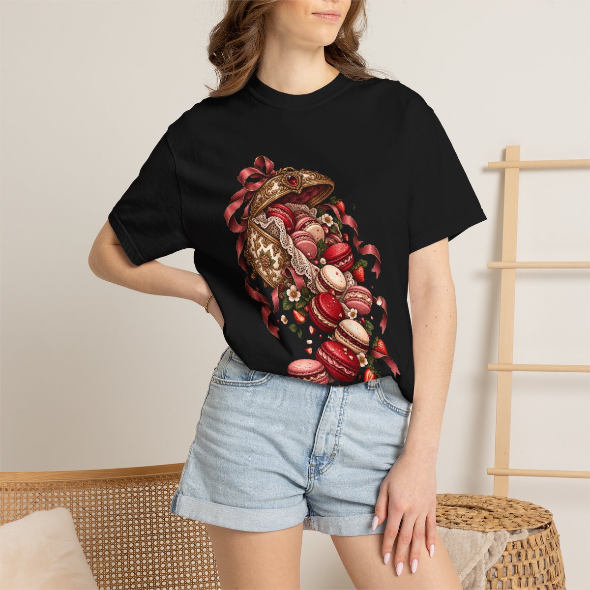 Macaron Runaway Tee worn Printify context view on a Black Comfort Colors 1717 tee