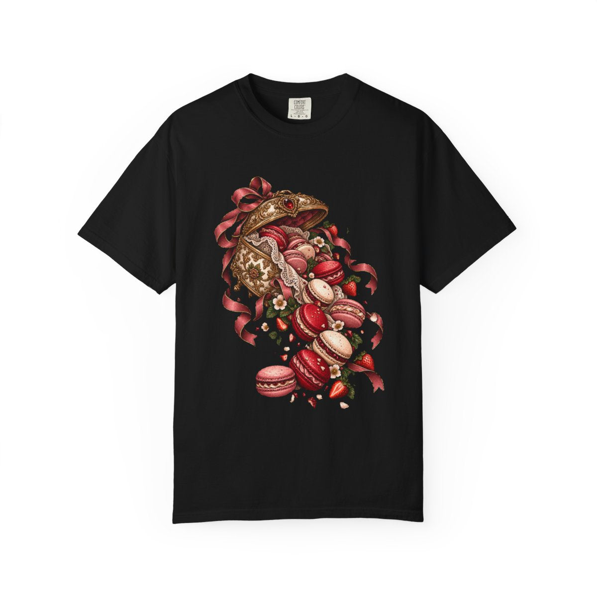 Macaron Runaway Tee large front print on a Black Comfort Colors 1717 tee