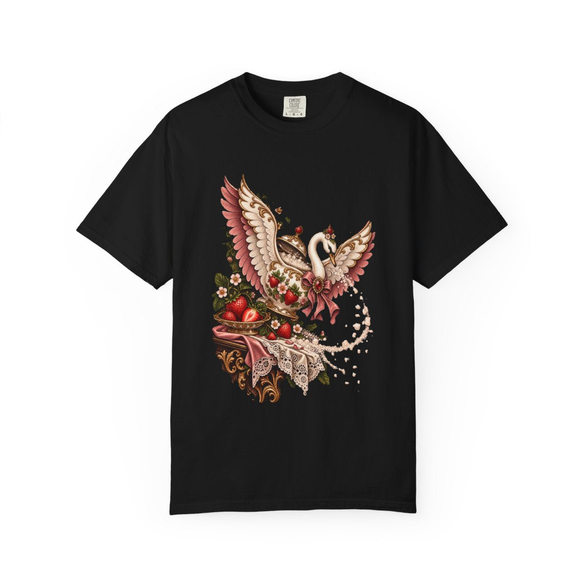 Sugar Swan Tee large front print on a Black Comfort Colors 1717 tee