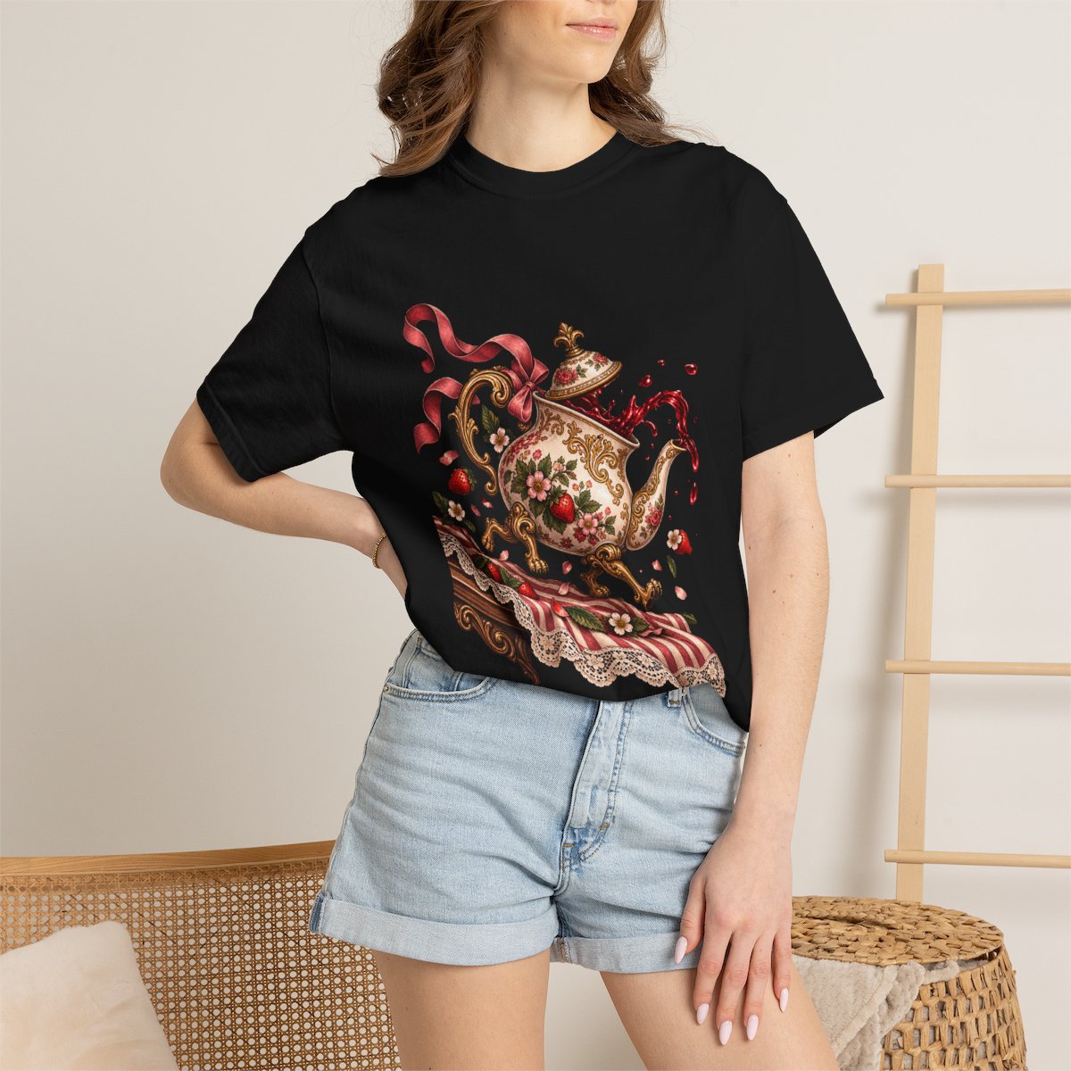 Teapot Escape Tee worn Printify context view on a Black Comfort Colors 1717 tee