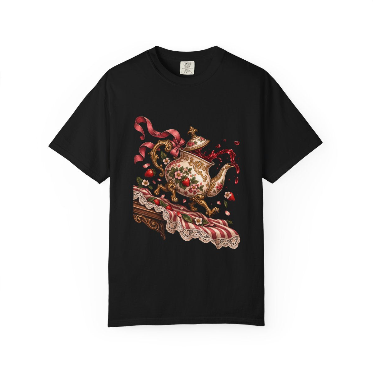 Teapot Escape Tee large front print on a Black Comfort Colors 1717 tee