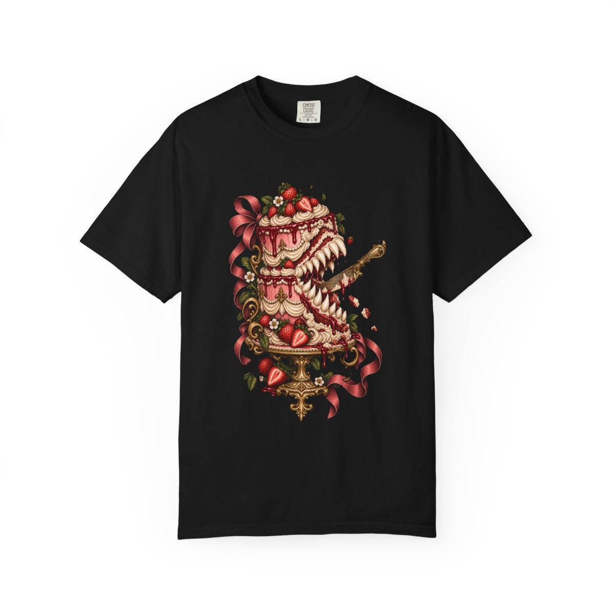 The Cake Bites Tee large front print on a Black Comfort Colors 1717 tee