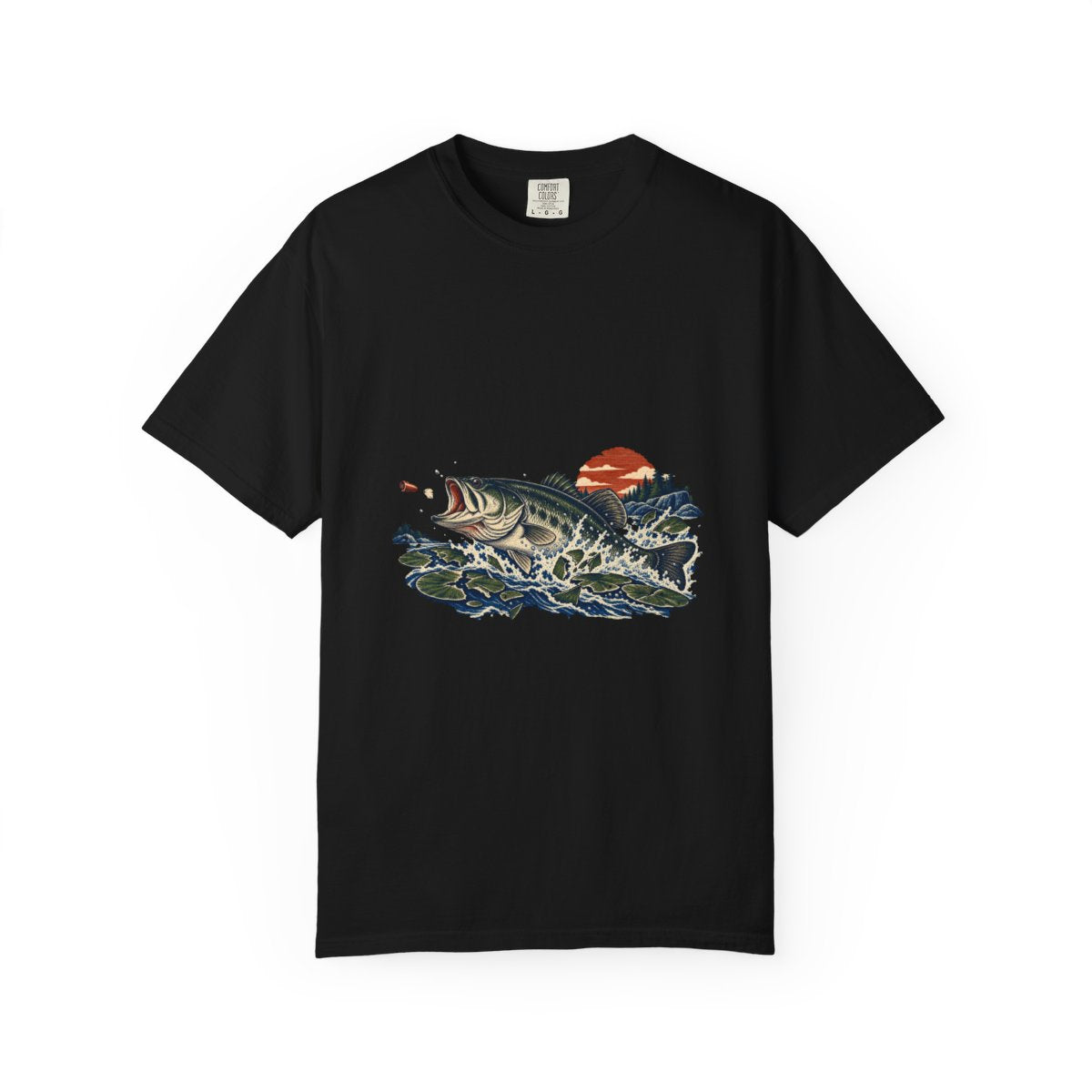 Bass Crash Tee large front print on a Black Comfort Colors 1717 tee