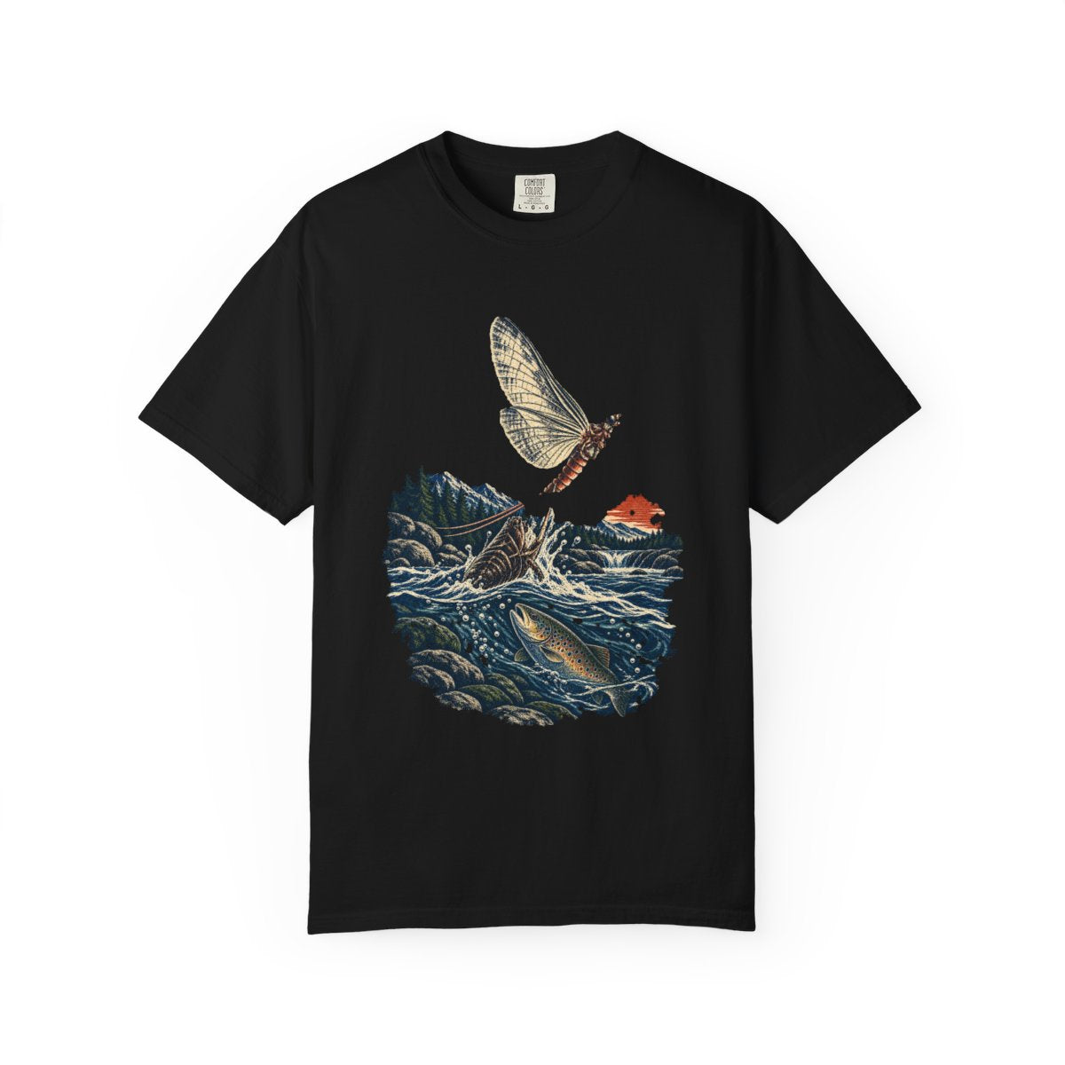 Mayfly Hour Tee large front print on a Black Comfort Colors 1717 tee