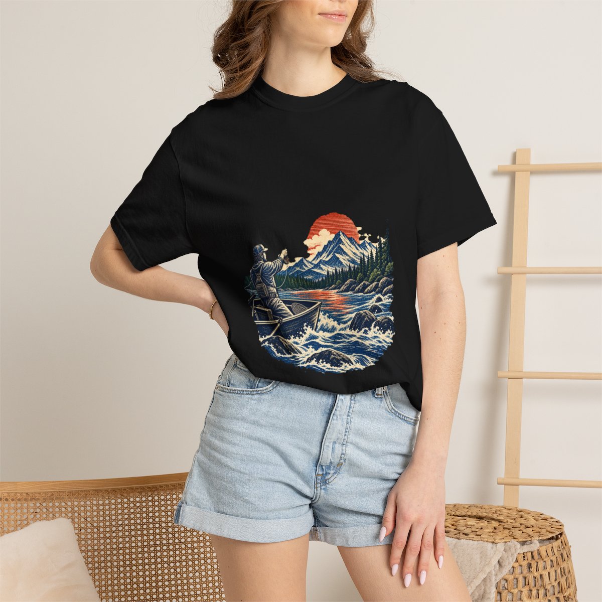 Morning Cast Tee worn Printify context view on a Black Comfort Colors 1717 tee