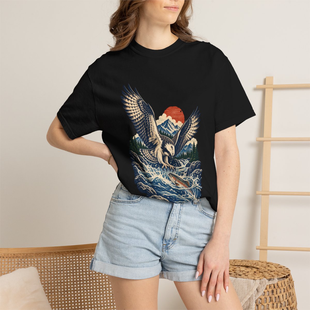Osprey Plunge Tee worn Printify context view on a Black Comfort Colors 1717 tee