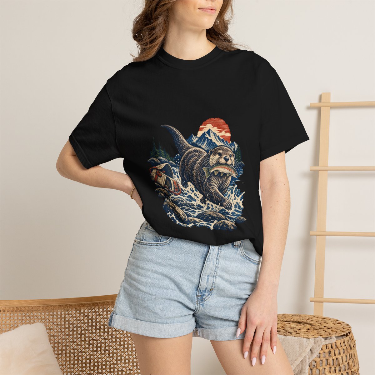 Otter Theft Tee worn Printify context view on a Black Comfort Colors 1717 tee